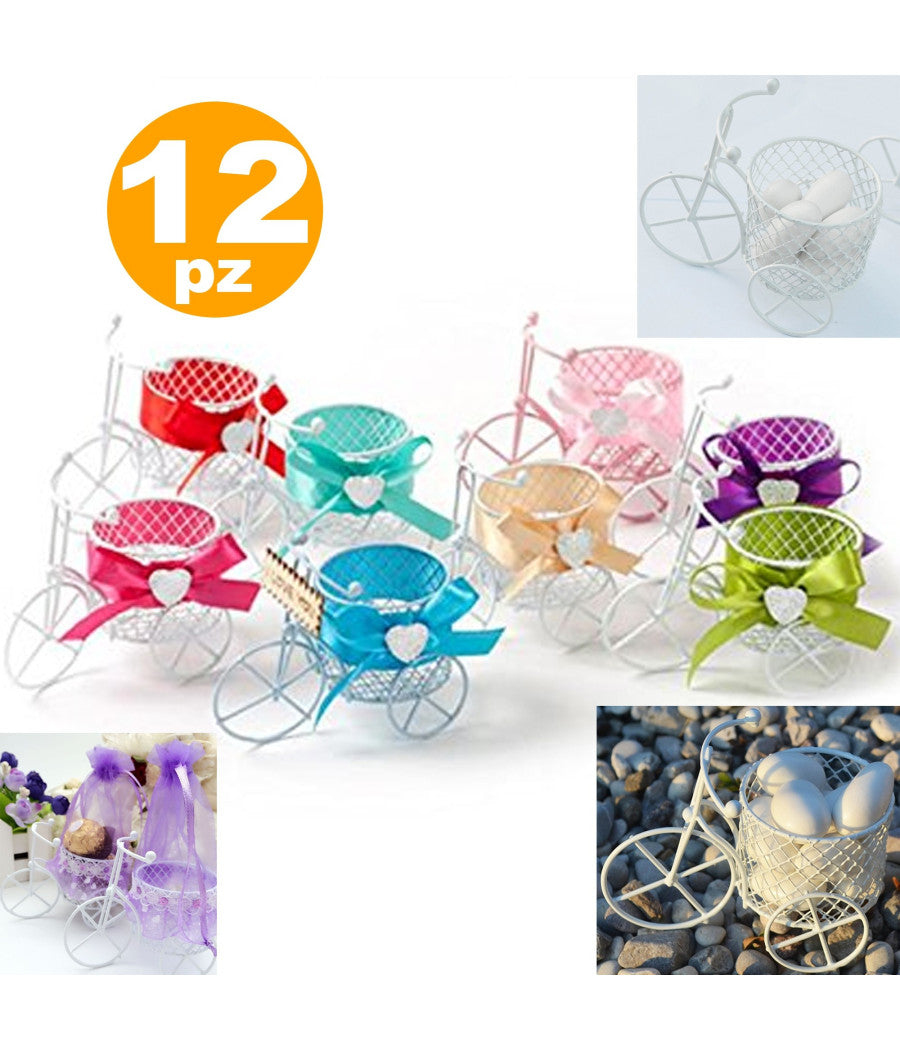 12 X Bomboniera Bomboniere Bicicletta A Tre Ruote Con Cestino Portaconfetti         