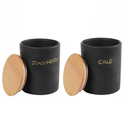 MAURY'S SET DI BARATTOLI TONDI SALE E ZUCCHERO 10X13 CM CON TAPPO ERMETICO IN LEGNO COLORE NERO