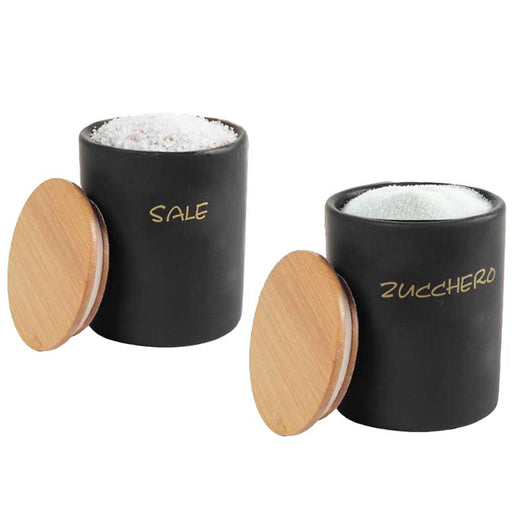 MAURY'S SET DI BARATTOLI TONDI SALE E ZUCCHERO 10X13 CM CON TAPPO ERMETICO IN LEGNO COLORE NERO