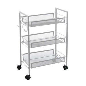 CARRELLO BIANCO DA CUCINA PORTAFRUTTA 45X27X63H CM STRUTTURA IN METALLO CON 3 RIPIANI + ROTELLE E APPENDI STROFINACCIO
