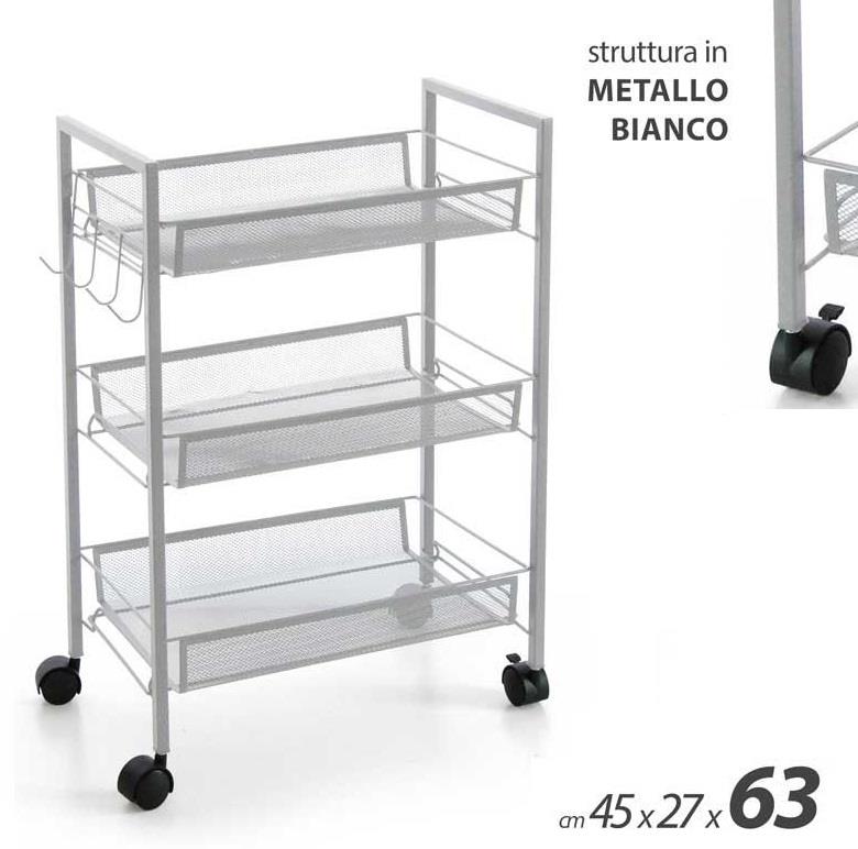 CARRELLO BIANCO DA CUCINA PORTAFRUTTA 45X27X63H CM STRUTTURA IN METALLO CON 3 RIPIANI + ROTELLE E APPENDI STROFINACCIO