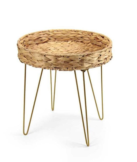TAVOLINO TONDO IN PAGLIA GIACINTO D'ACQUA E METALLO CON GAMBE ORO IN METALLO EFFETTO VIMINI D.38X40 H CM ARREDO