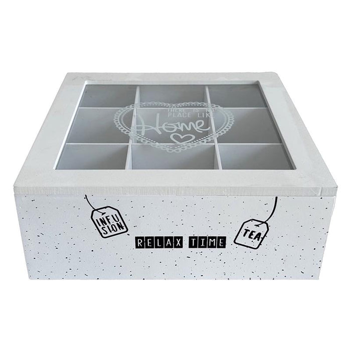 MA MAISON SCATOLA PORTA TÉ RELAX TIME CON 9 SCOMPARTI COLORE BIANCO E VETRO 24X24 CM