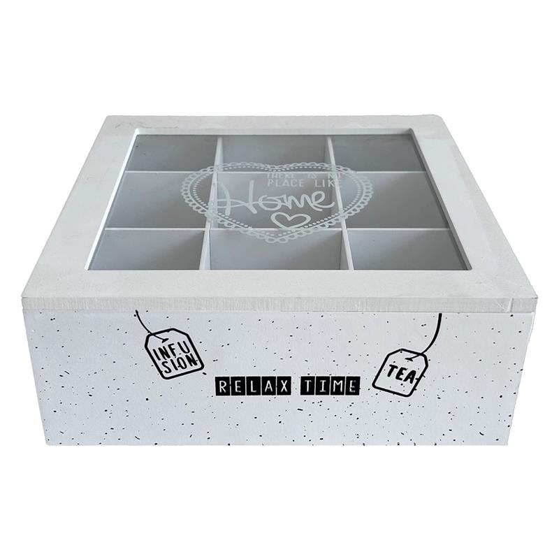 MA MAISON SCATOLA PORTA TÉ RELAX TIME CON 9 SCOMPARTI COLORE BIANCO E VETRO 24X24 CM