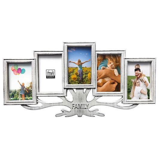 MA MAISON QUADRO PORTAFOTO DA ARREDO ALBERO DELLA VITA 5 CORNICI IN COLORE BIANCO ANTICATO SCRITTA FAMILY 56X28 CM