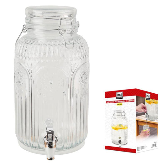 MA MAISON DISPENSER EROGATORE PER BEVANDE IN VETRO LAVORATO CON CHIUSURA A CLIP E GOMMA ERMETICA + BECCUCIO 3,8 LITRI 26HX15X15 CM