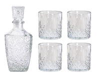 MA MAISON SET BOTTIGLIA IN VETRO DECORATO CON TAPPO DA WHISKY + 4 BICCHIERI IN VETRO SET DESIGN PER LIQUORI E AMARI