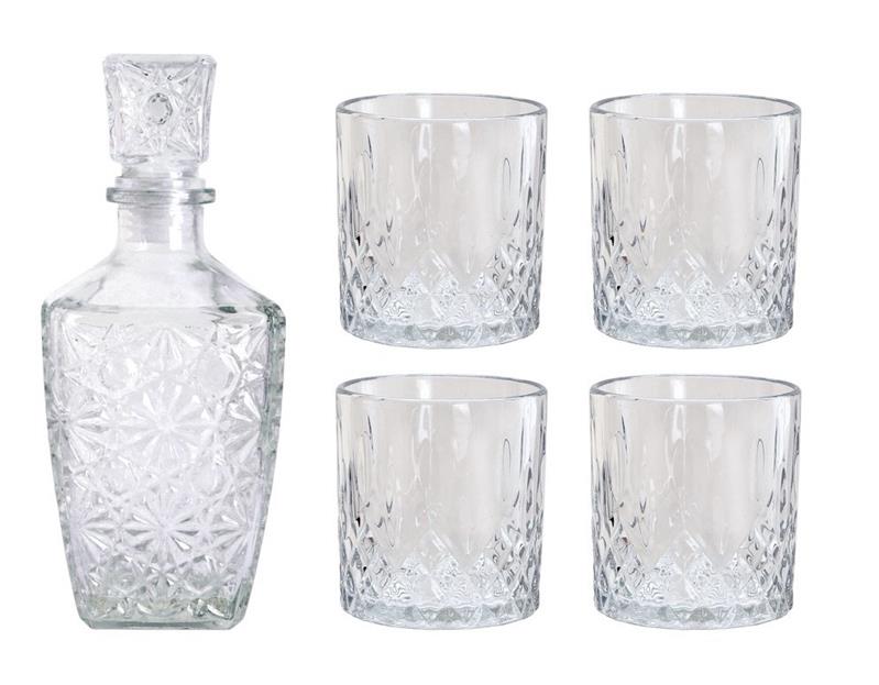 MA MAISON SET BOTTIGLIA IN VETRO DECORATO CON TAPPO DA WHISKY + 4 BICCHIERI IN VETRO SET DESIGN PER LIQUORI E AMARI