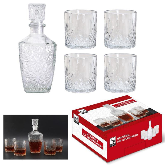 MA MAISON SET BOTTIGLIA IN VETRO DECORATO CON TAPPO DA WHISKY + 4 BICCHIERI IN VETRO SET DESIGN PER LIQUORI E AMARI