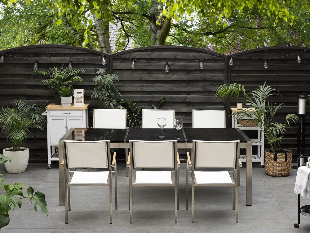 Tavolo da pranzo da giardino Piano in granito grigio e argento Gambe in acciaio inox esterne 8 posti 220 x 100 x 74 cm