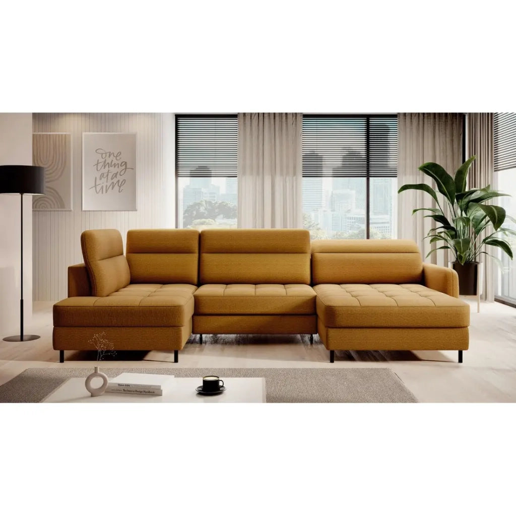 Canapé d'angle convertible BERTHO 306 cm giallo aranciato – Angolo destro con contenitore