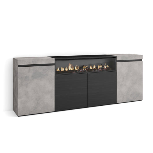 Credenza, Mobile, 200x35x75cm, 4 Porte, Camino elettrico, grigio cemento RF2306