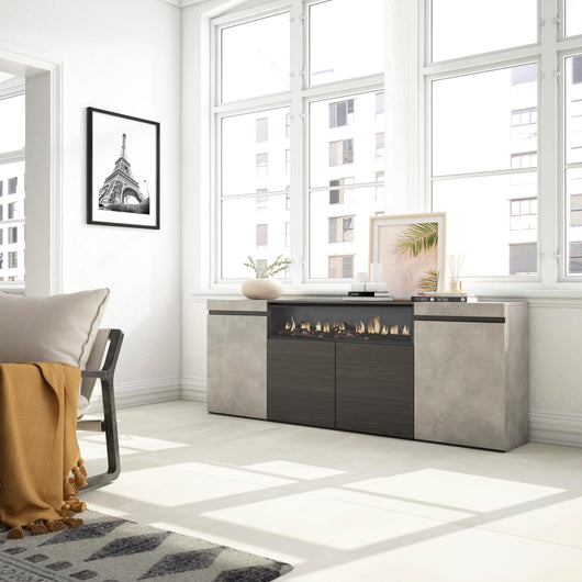 Credenza, Mobile, 200x35x75cm, 4 Porte, Camino elettrico, grigio cemento RF2306