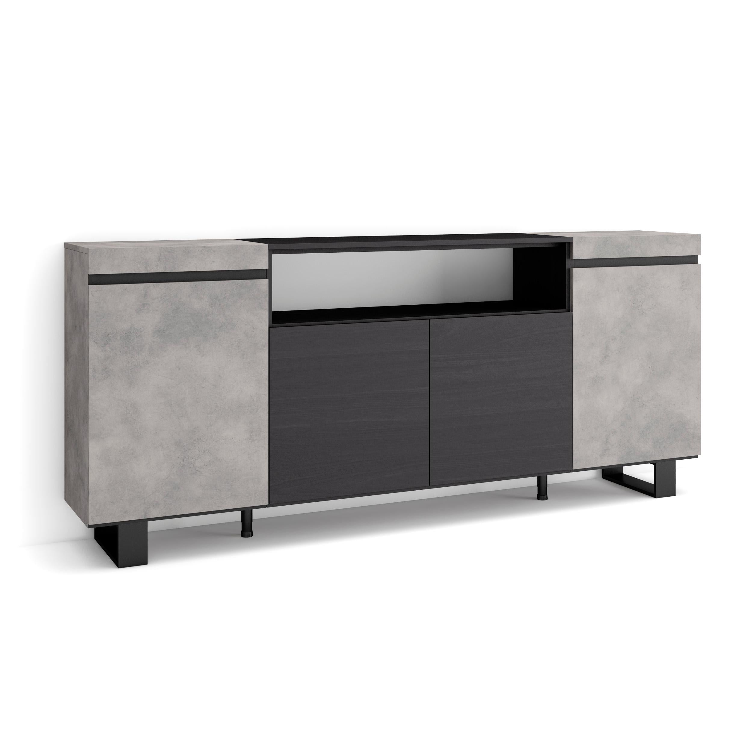 Credenza, Mobile, 200x35x87cm, 4 Porte, Design industriale, grigio cemento RF2305