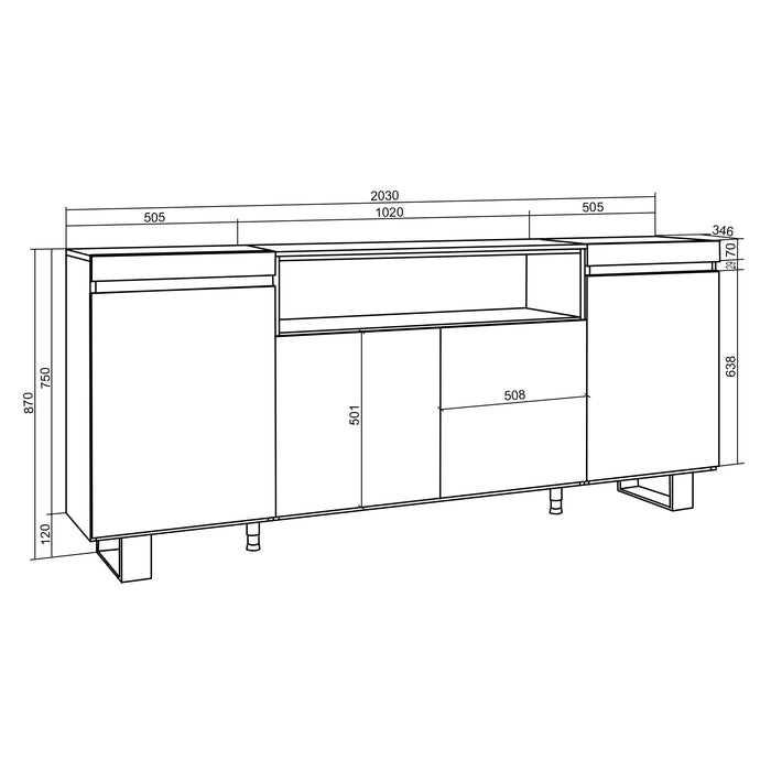 Credenza, Mobile, 200x35x87cm, 4 Porte, Design industriale, grigio cemento RF2305