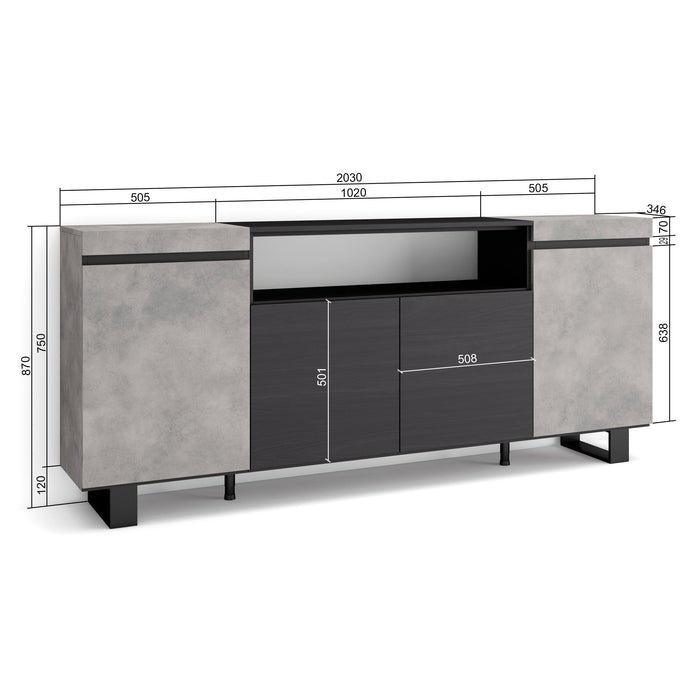 Credenza, Mobile, 200x35x87cm, 4 Porte, Design industriale, grigio cemento RF2305