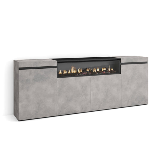 Credenza, Mobile, 200x35x75cm, 4 Porte, Camino elettrico, grigio cemento RF2286