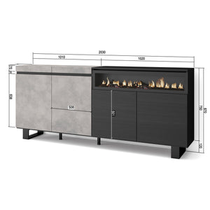 Credenza, Mobile, 200x35x87cm, 4 Porte, Camino elettrico, Design industriale, grigio cemento RF2414