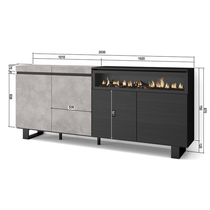 Credenza, Mobile, 200x35x87cm, 4 Porte, Camino elettrico, Design industriale, grigio cemento RF2414