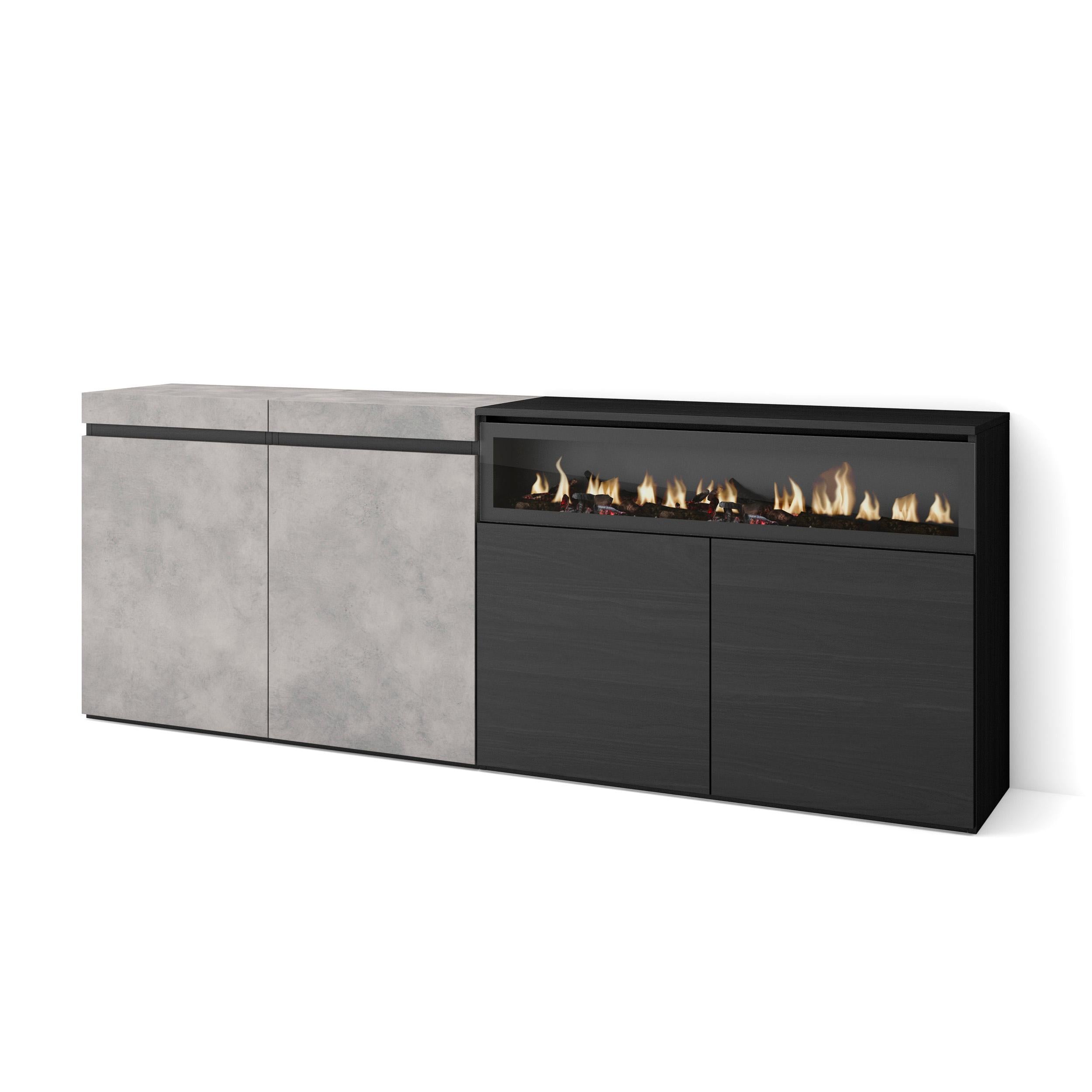 Credenza, Mobile, 200x35x75cm, 4 Porte, Camino elettrico, grigio cemento RF2413