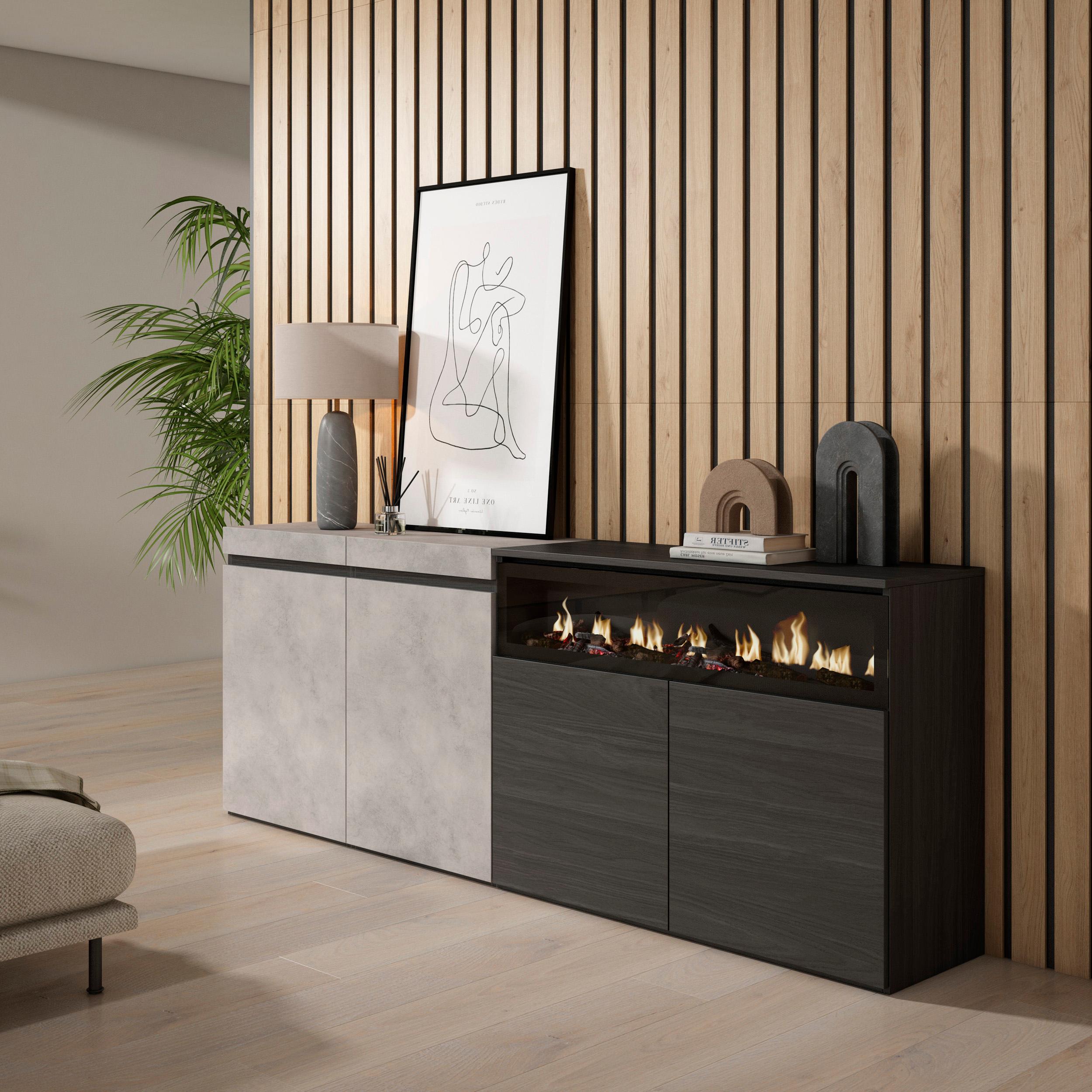 Credenza, Mobile, 200x35x75cm, 4 Porte, Camino elettrico, grigio cemento RF2413