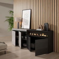 Credenza, Mobile, 200x35x75cm, 4 Porte, Camino elettrico, grigio cemento RF2413