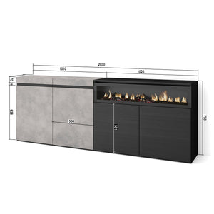 Credenza, Mobile, 200x35x75cm, 4 Porte, Camino elettrico, grigio cemento RF2413
