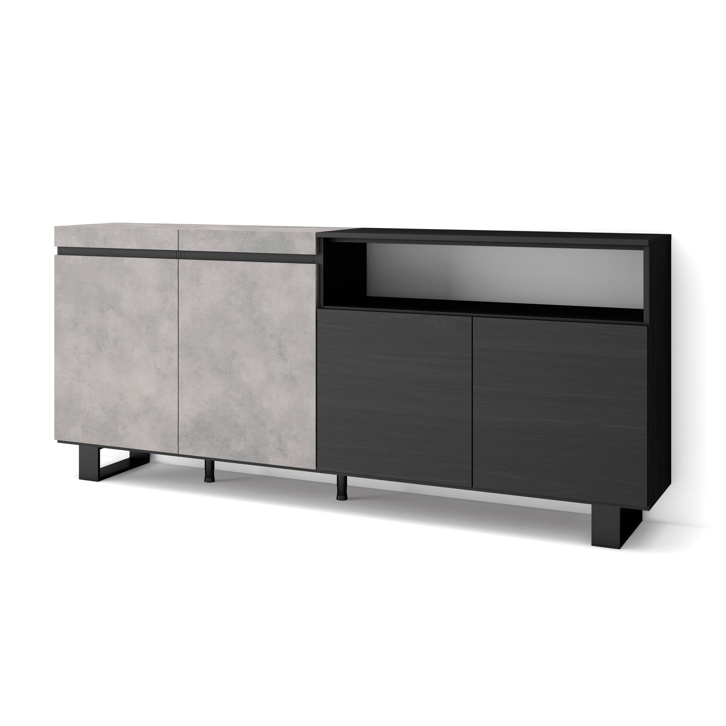 Credenza, Mobile, 200x35x87cm, 4 Porte, Design industriale, grigio cemento RF2412