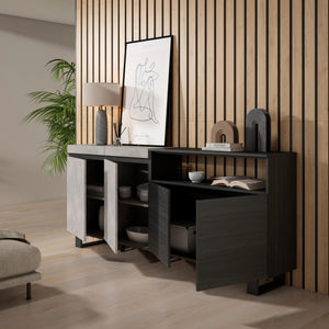 Credenza, Mobile, 200x35x87cm, 4 Porte, Design industriale, grigio cemento RF2412