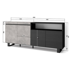 Credenza, Mobile, 200x35x87cm, 4 Porte, Design industriale, grigio cemento RF2412
