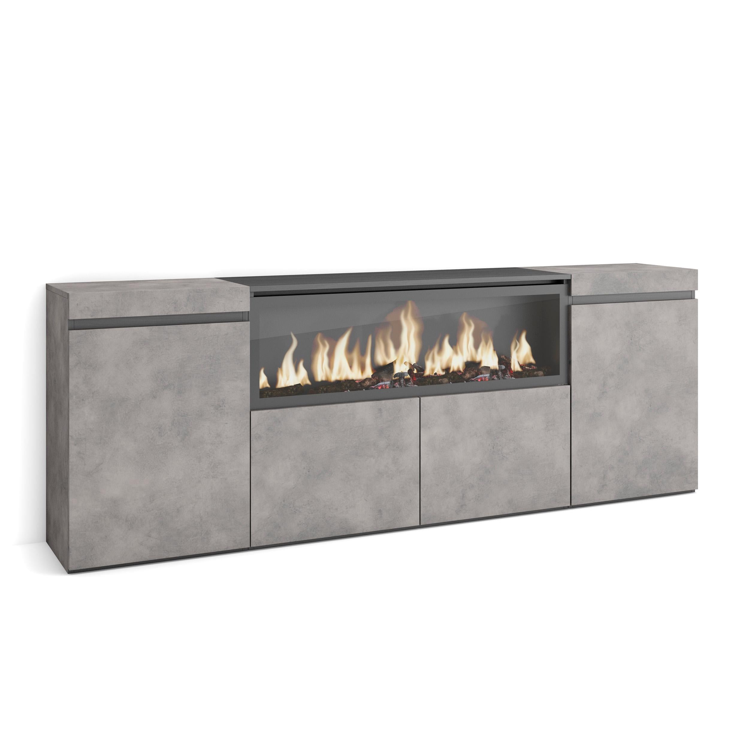 Credenza, Mobile, 208x35x75cm, 4 Porte, Camino elettrico XXL, grigio cemento RF3232