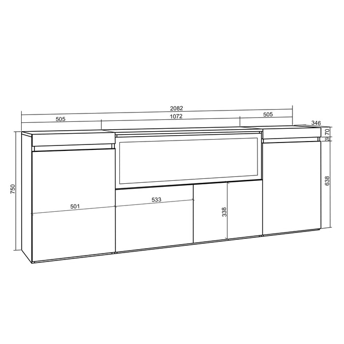 Credenza, Mobile, 208x35x75cm, 4 Porte, Camino elettrico XXL, grigio cemento RF3232