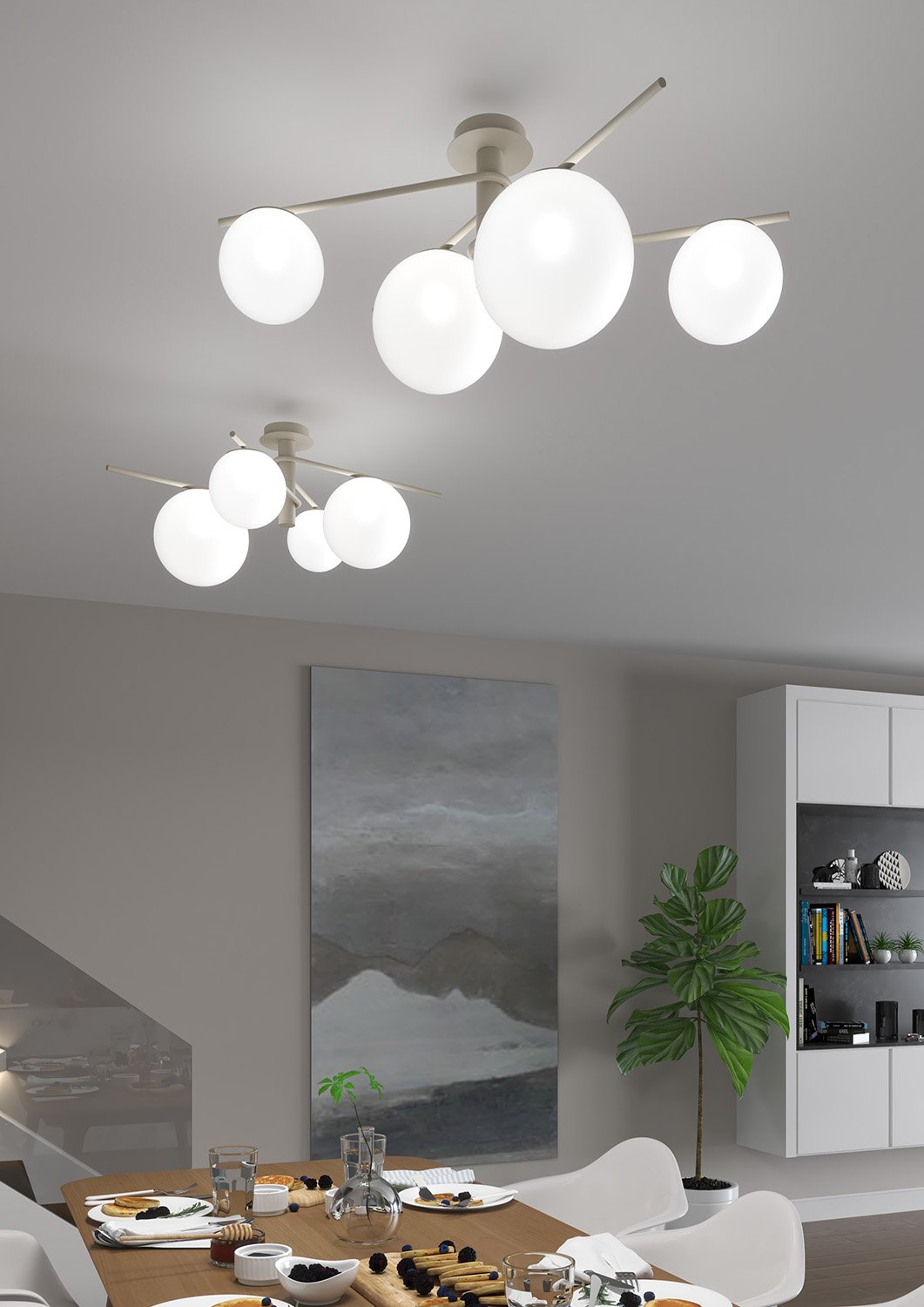 Lampadario Contemporaneo Boomerang Metallo Sabbia Vetro Bianco 4 Luci E27