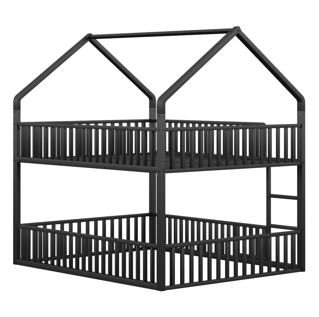 Letto a castello 140x200 cm a forma di casa con scaletta frontale in metallo nero