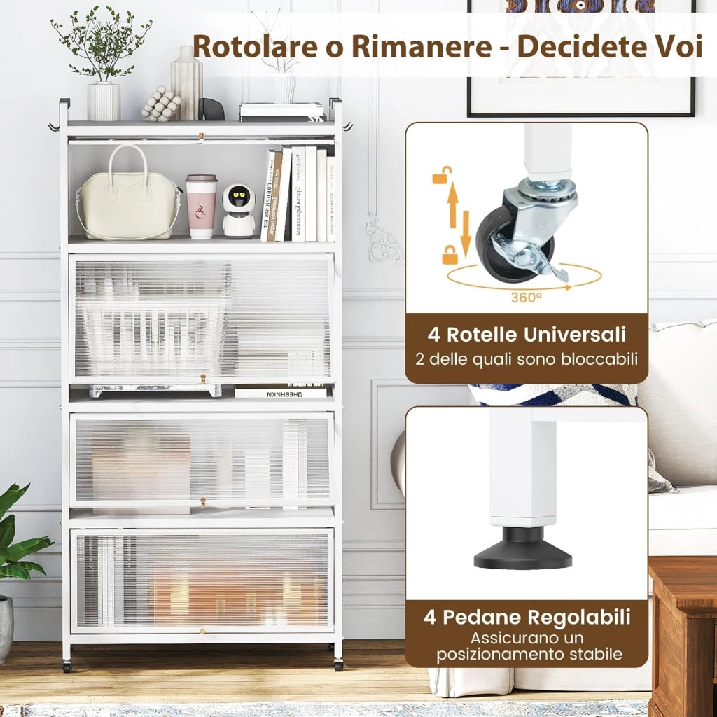 Armadio da Cucina a 5 Ripiani, Mobile Dispensa Cucina con Ruote Girevoli, 4 Porte PC a Ribalta e 4 Ganci, Mensola Microonde in Metallo per Soggiorno, Cucina, Sala da Pranzo (Bianco)
