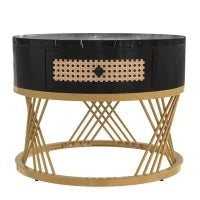 Tavolini Rotondi con Piano in Effetto Marmo e Cassetti in Rattan Sintetico, 2 in 1 da Salotto, Gambe in Ferro, Nero