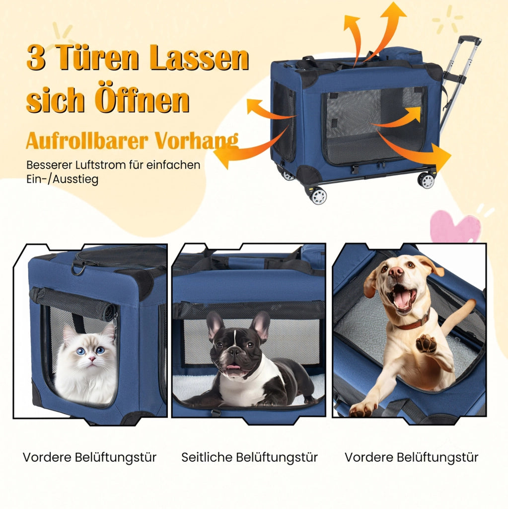 Trasportino pieghevole per cani 60 cm con ruote; 3 porte in rete; blu scuro