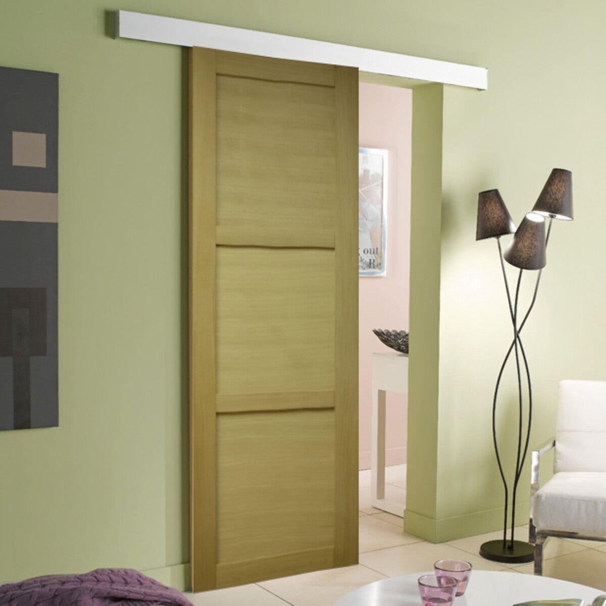 Porta scorrevole a 3 pannelli impiallacciata Ayous H204 x L83 + con guida bianca