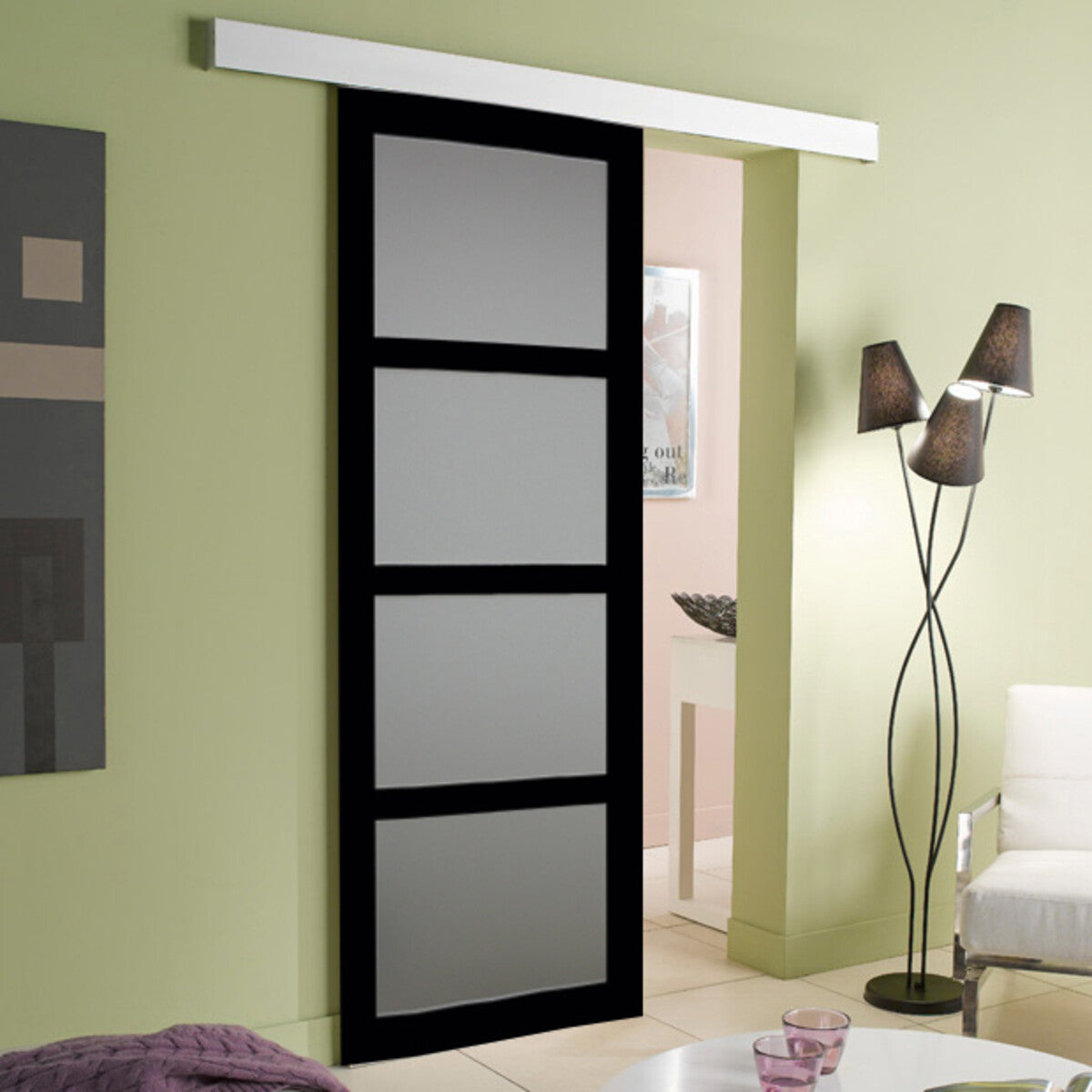 Porta scorrevole Telia nera H204 x L73 con binario in alluminio bianco
