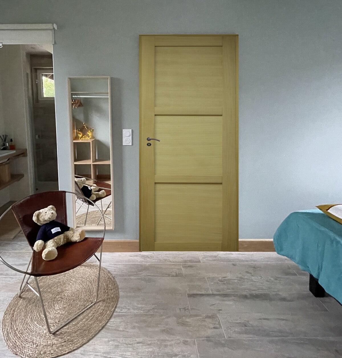 Blocco porta a 3 pannelli impiallacciatura Ayous Larghezza 83 Spinta a destra