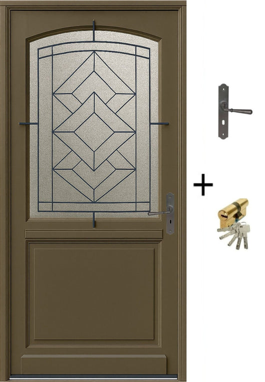 Porta d'ingresso in legno smaltato, Elsie, Verde RAL7002, H.215xl.90 p.sinistra + Maniglia E Barile (rif 010403FP) Dimensioni tavolo senza maniglia