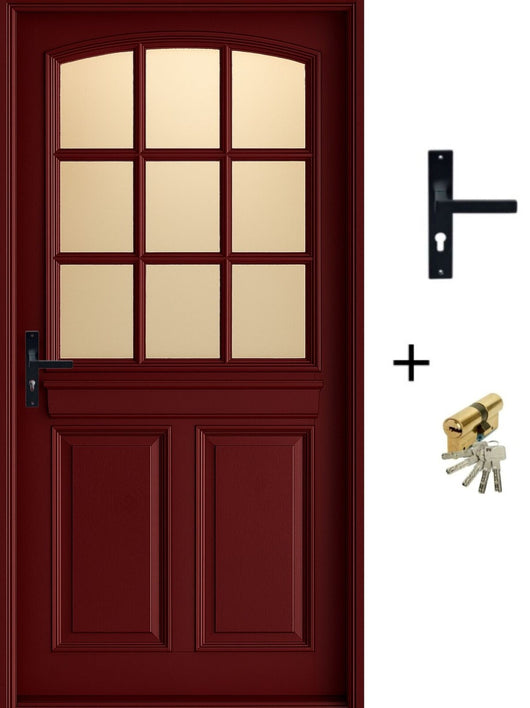 Porta d'ingresso in legno vitreo, Alize RAL 3004, H,215xl,90 p, destra + Maniglia e Fusto (010723NO) Dimensioni Tabella senza maniglia