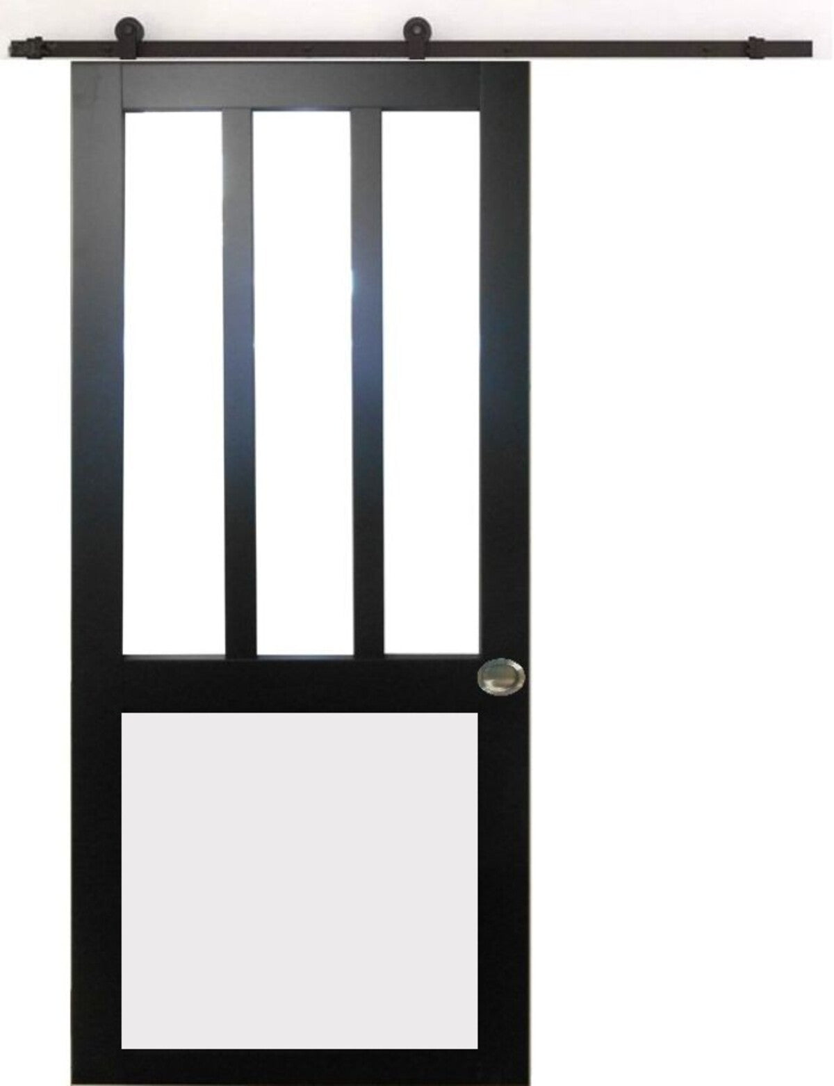 Porta Scorrevole Officina Nera e Finestra a Pannelli Bianchi H204 x L83 + Guida a Rullo Nera e 2 Gusci