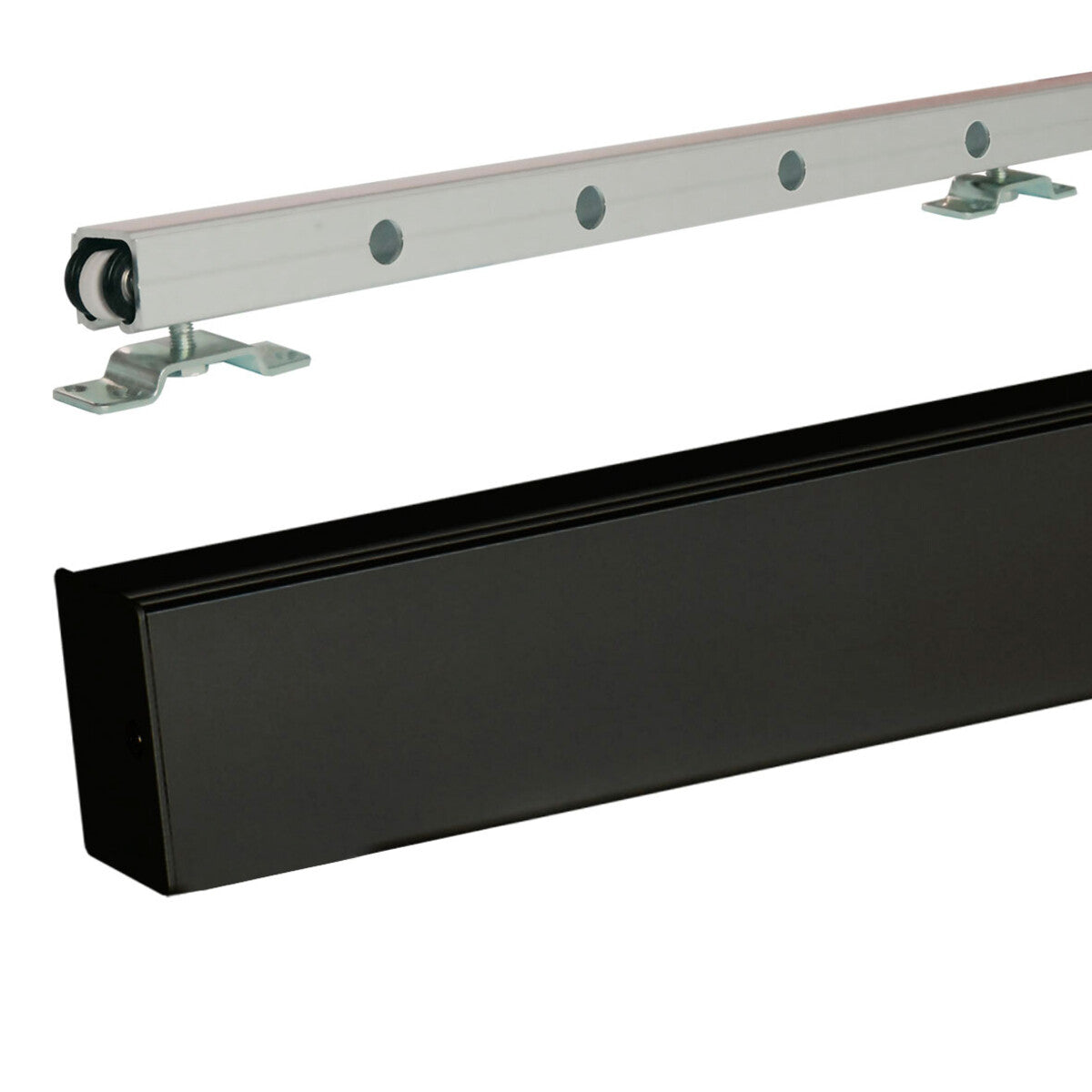 Porta scorrevole Telia nera larghezza 73 con binario in alluminio nero + 2 gusci installati