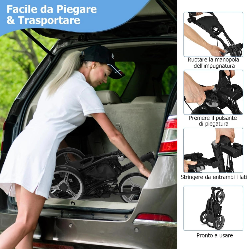 Carrello da Golf Pieghevole con 3 Ruote, Struttura in Alluminio, Cinghia Elastica, Portaombrello Regolabile e Porta Bicchiere, Segnapunti e Freno a Pedale