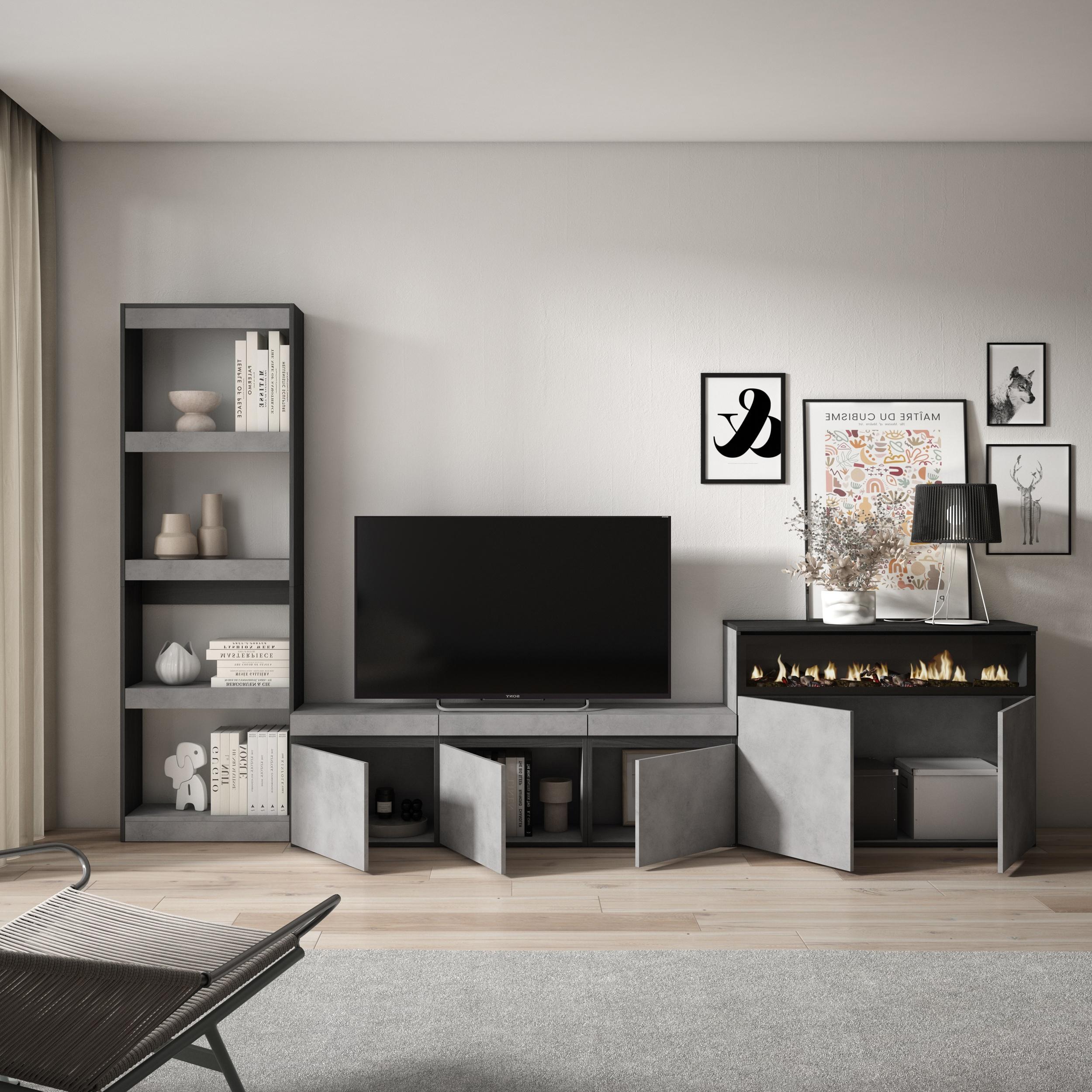Mobile TV, Soggiorno, 310x35x186cm, Per TV fino a 65", Camino elettrico, grigio cemento RF3168
