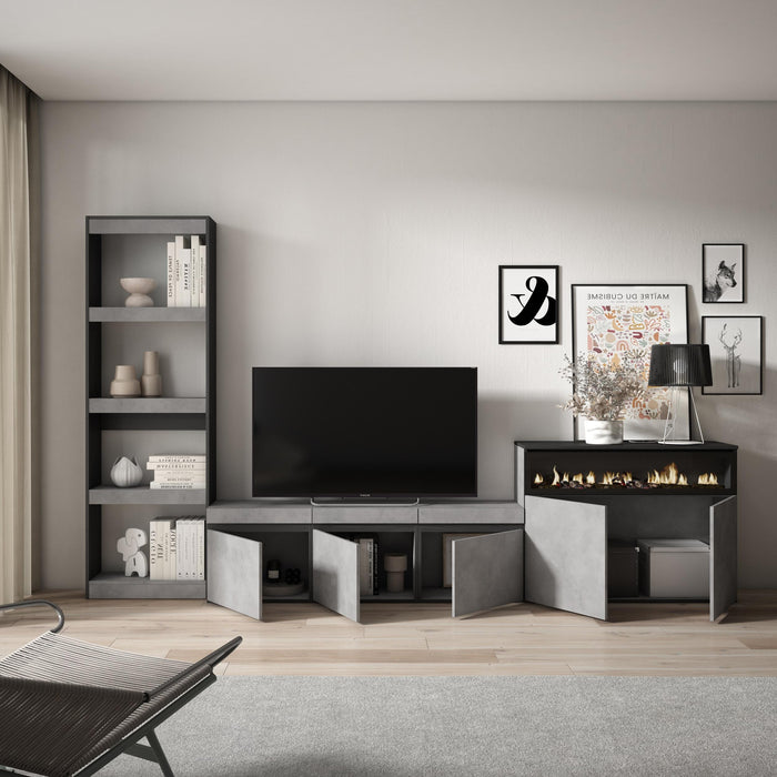 Mobile TV, Soggiorno, 310x35x186cm, Per TV fino a 65", Camino elettrico, grigio cemento RF3168