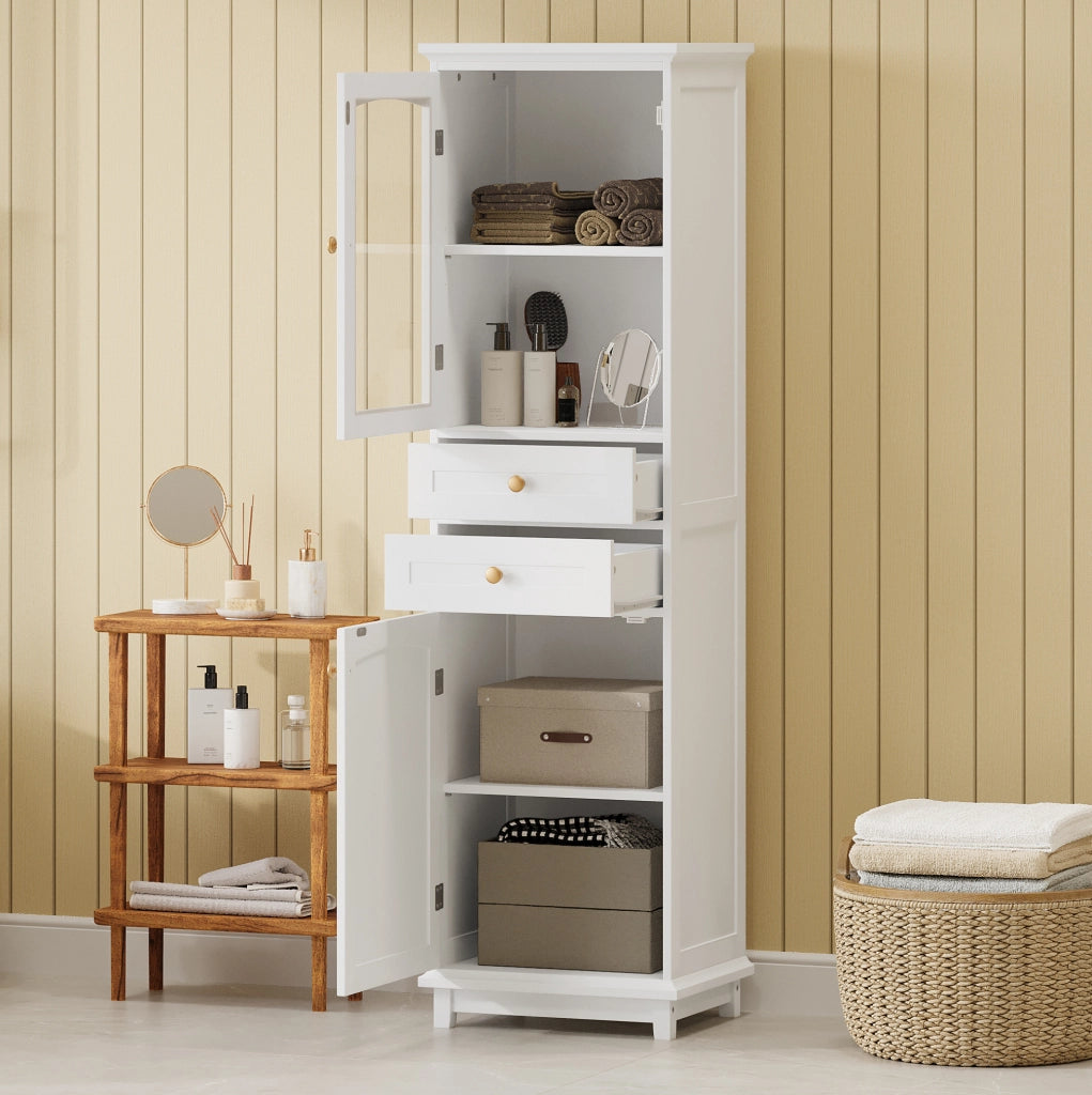 Armadio da bagno in MDF e vetro, 45 x 36 x 160 cm, bianco, con 2 cassetti e ripiani regolabili