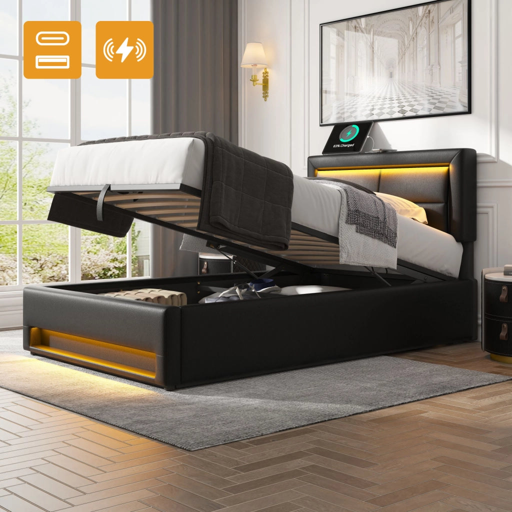 Letti contenitori 90x200 cm; USB e LED; contenitore; PU nero (Senza materasso)