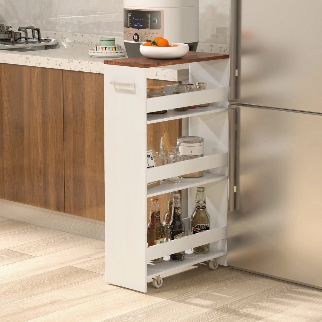 Carrello sottile da 20cm con ruote e ripiani aperti-Carrello utilitario estraibile da cucina a 4 ripiani Bianco